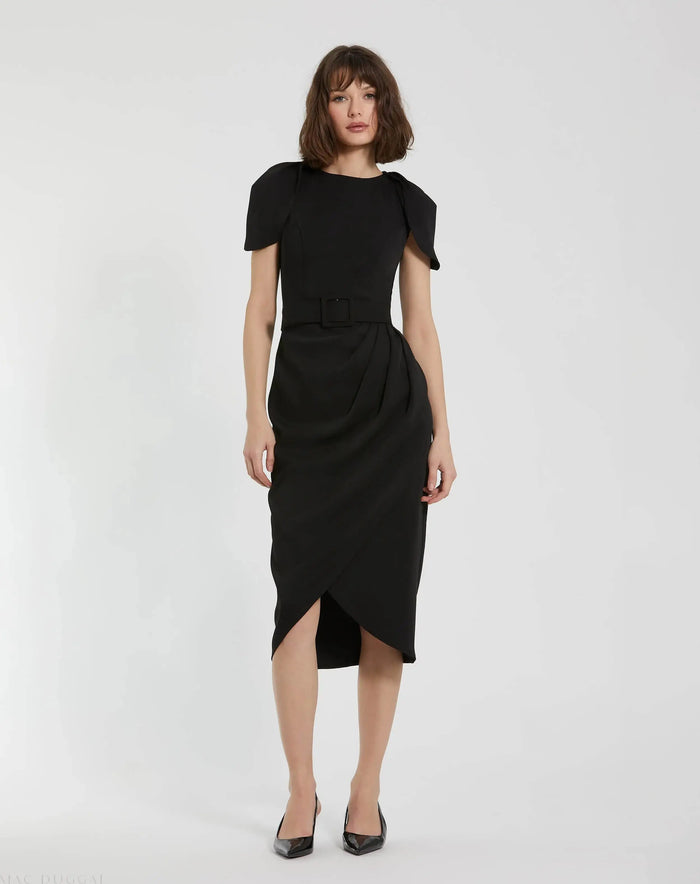 Black Crepe Boat Neck Midi Tulip Dress With Belt - Mac Duggal