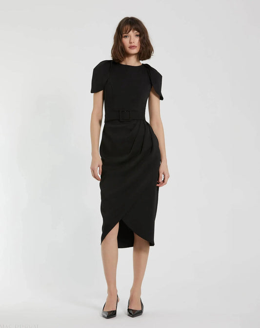 Black Crepe Boat Neck Midi Tulip Dress With Belt - Mac Duggal