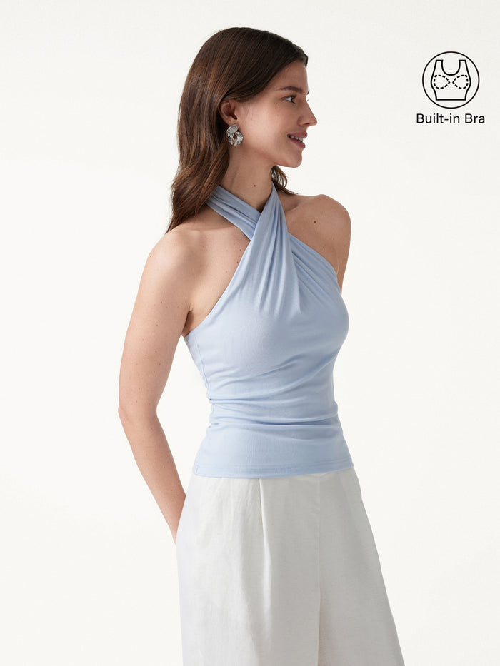 OGLmove Criss Cross Halter Neck Going-Out Bra Top Dew Sky Blue XS