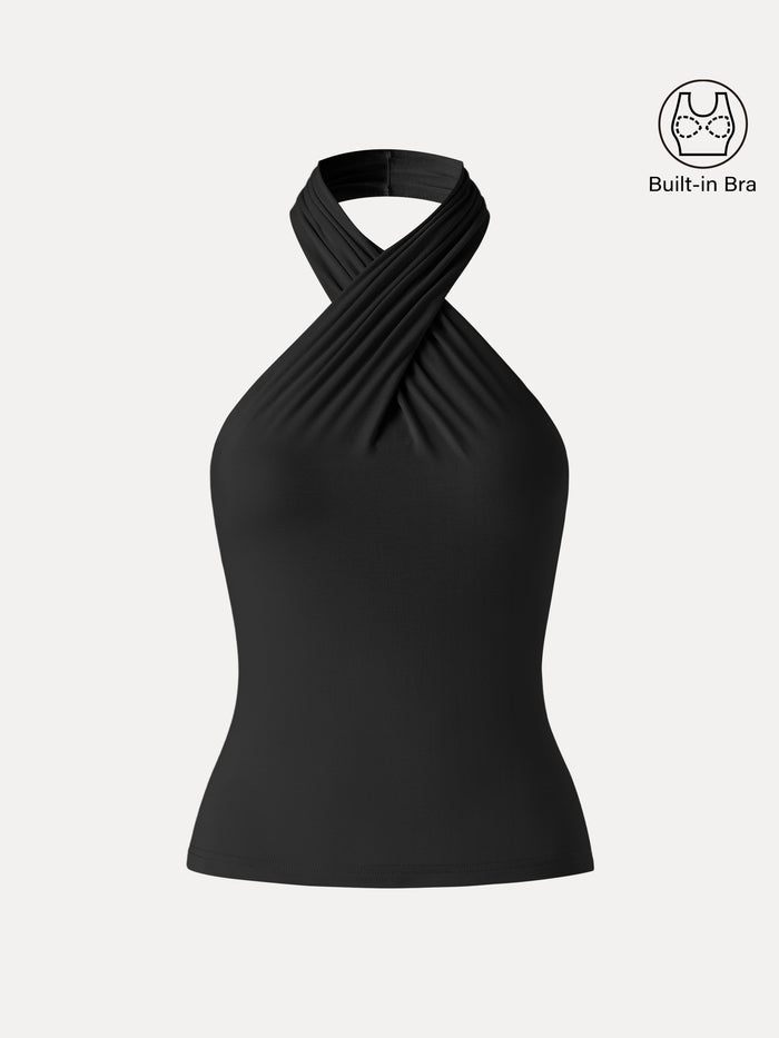 OGLmove Criss Cross Halter Neck Going-Out Bra Top Black XS
