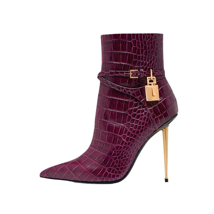 Croc Embossed Ankle Boots with Buckle & Stiletto Heels