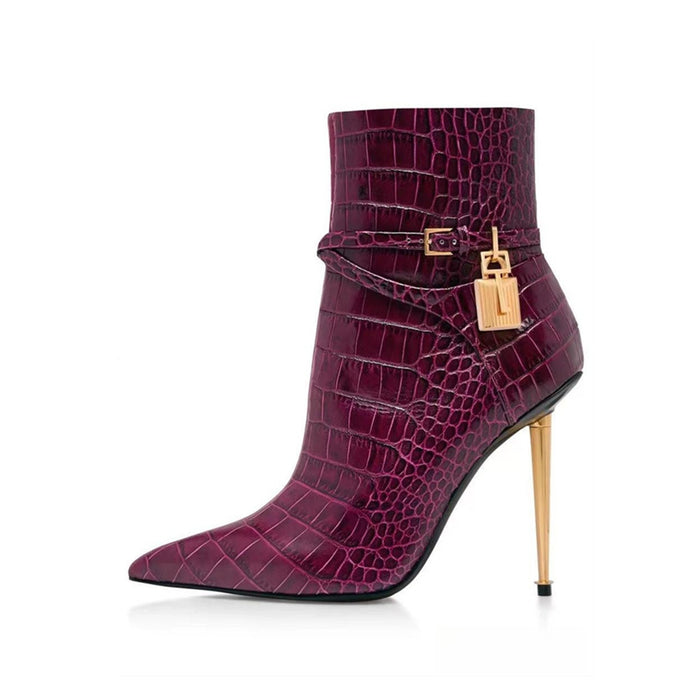 Croc Embossed Ankle Boots with Buckle & Stiletto Heels