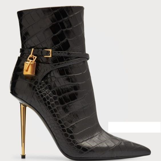 Croc Embossed Ankle Boots with Buckle & Stiletto Heels