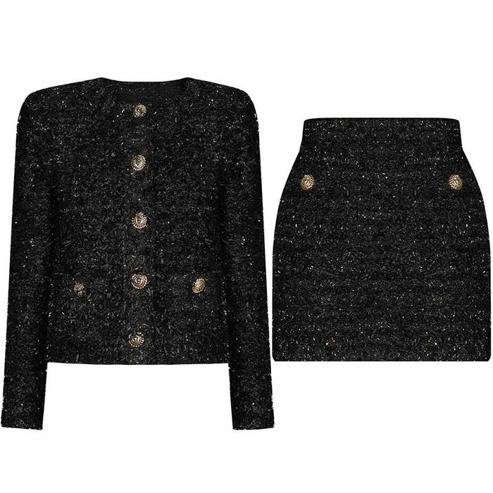 Cropped Tweed Knit Jacket Mini Skirt Suit