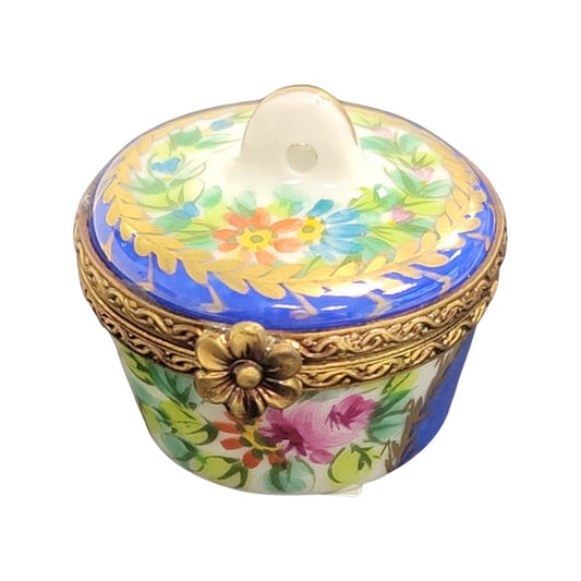 Blue Crown Top Pill Box Porcelain Limoges traditional French Trinket Box