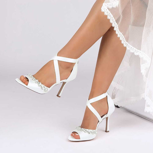 Crystal Detail Cross Strap Sandals Hand-Made Wedding Shoes Zipper Back Dress Heels