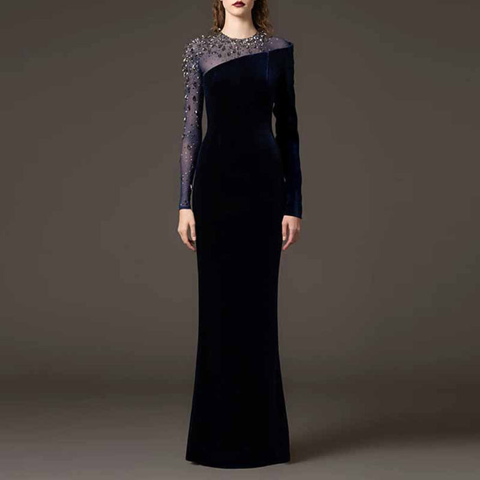 Crystal-Embellished Asymmetric Gown Dress Navy Blue Velvet Prom Dress