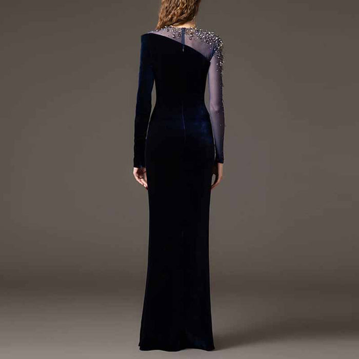 Crystal-Embellished Asymmetric Gown Dress Navy Blue Velvet Prom Dress