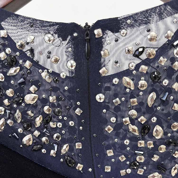 Crystal-Embellished Asymmetric Gown Dress Navy Blue Velvet Prom Dress