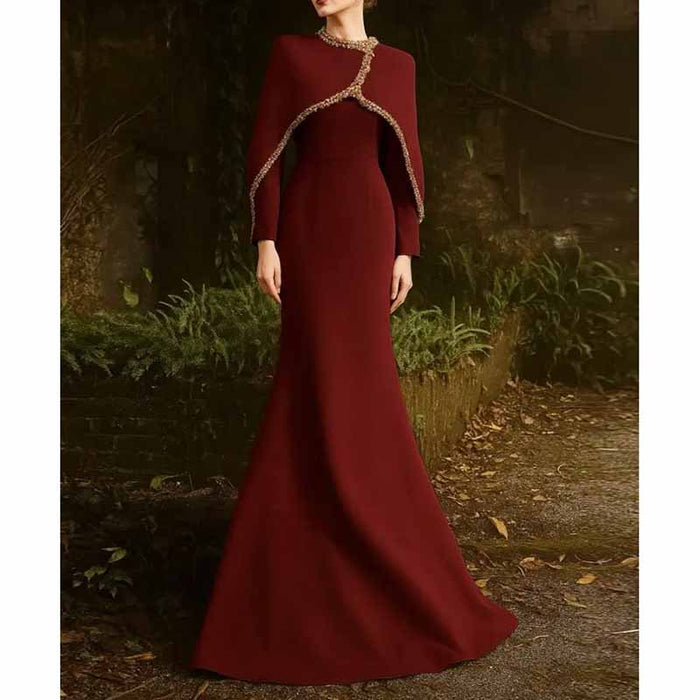 Crystal Embellished Cape Maxi Dress – Crossover Chest Flap Formal Gown