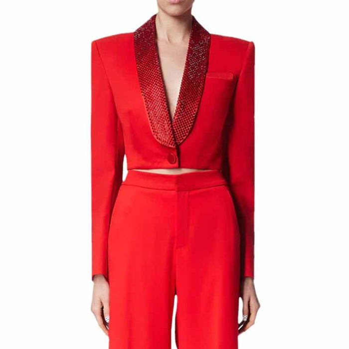 Crystal Embellished Crop Blazer One Button Diamond Short Top Jacket