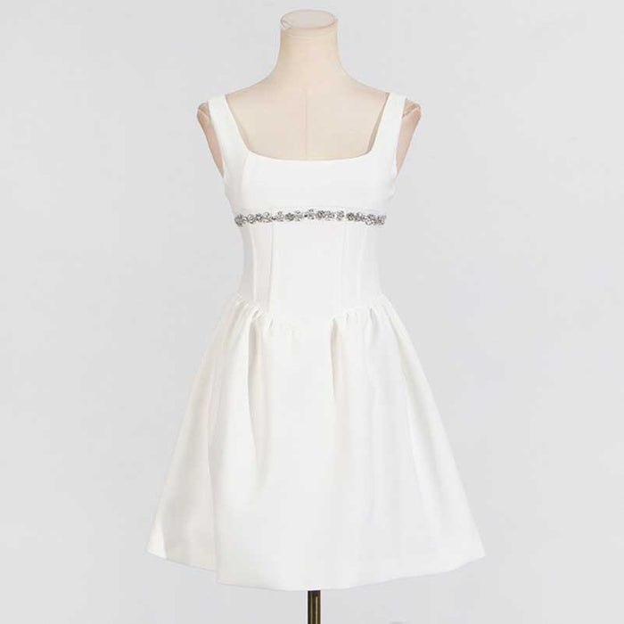 Crystal-Embellished Square-Neck Sleeveless Mini Dress