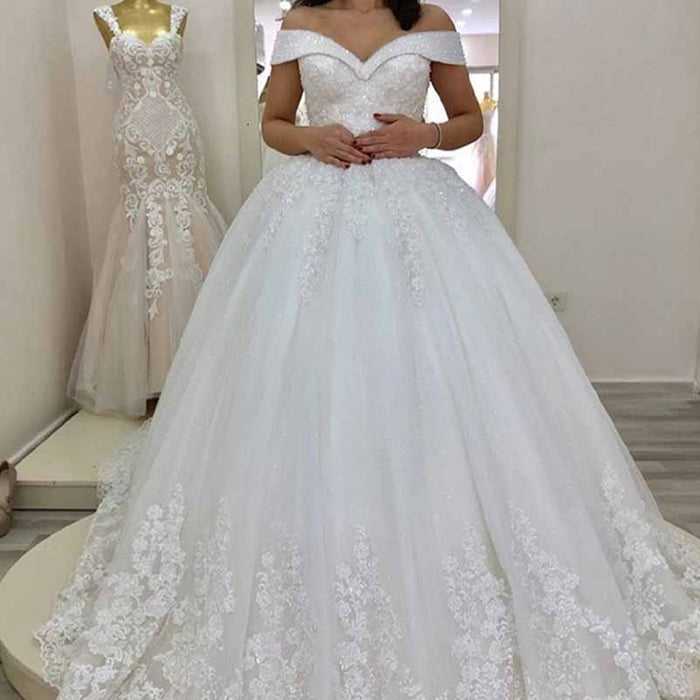Crystal Lace Wedding Dresses A line Tulle Off The Shoulder Bridel Gowns