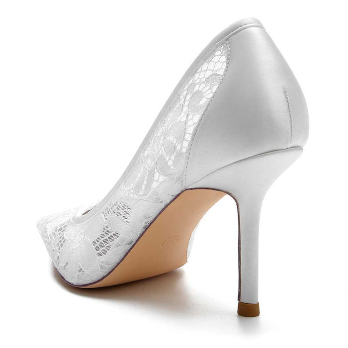 Elegant S&DCo. crystal lace wedding shoes with a sleek heel and intricate lace detailing