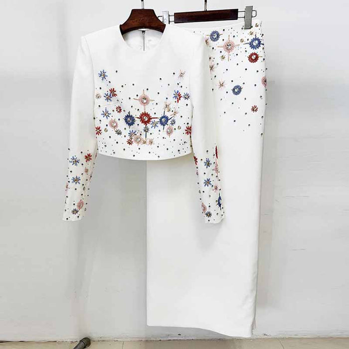 Crystal Long 2 Pieces Skirt Suits Sexy Crop Top Beading Midi Suit