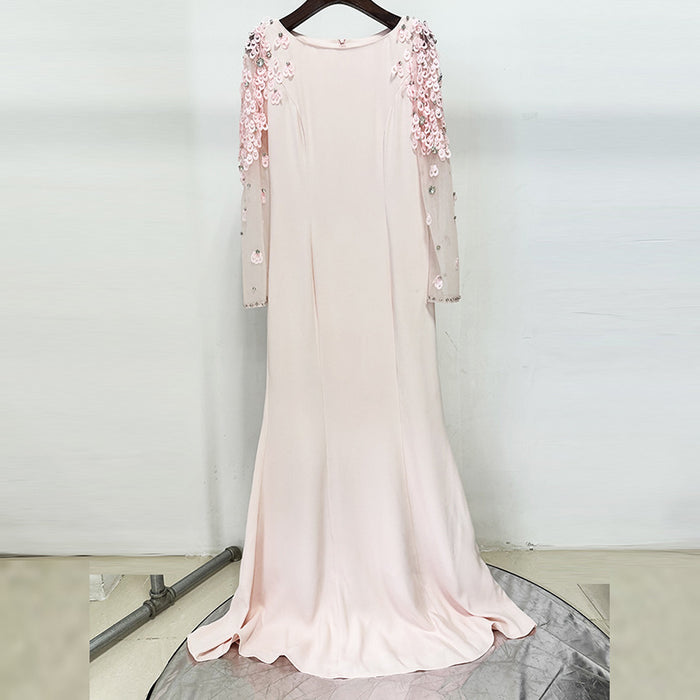 Crystal Long Sleeve Evening Dress Round-Neck Prom Dress
