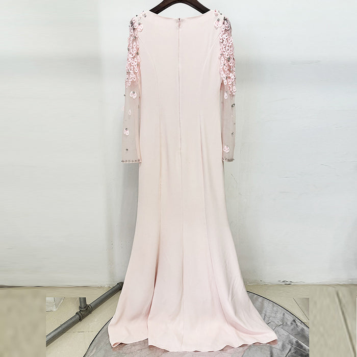 Crystal Long Sleeve Evening Dress Round-Neck Prom Dress