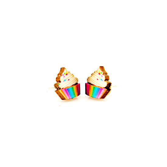 Cupcake stud earrings with frosting swirl and cherry, eco-friendly jewelry made in USA