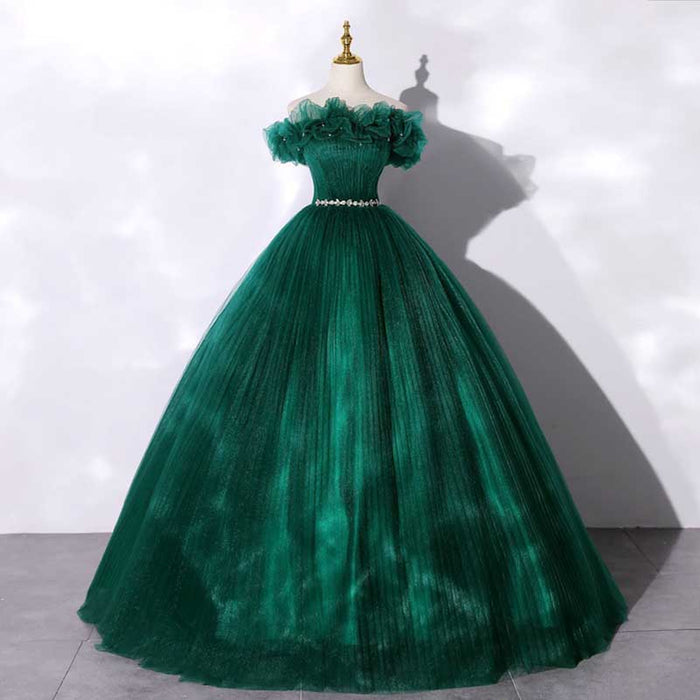 Custom Made Off-shoulder Emerald Green Gown With Flowy Skirt