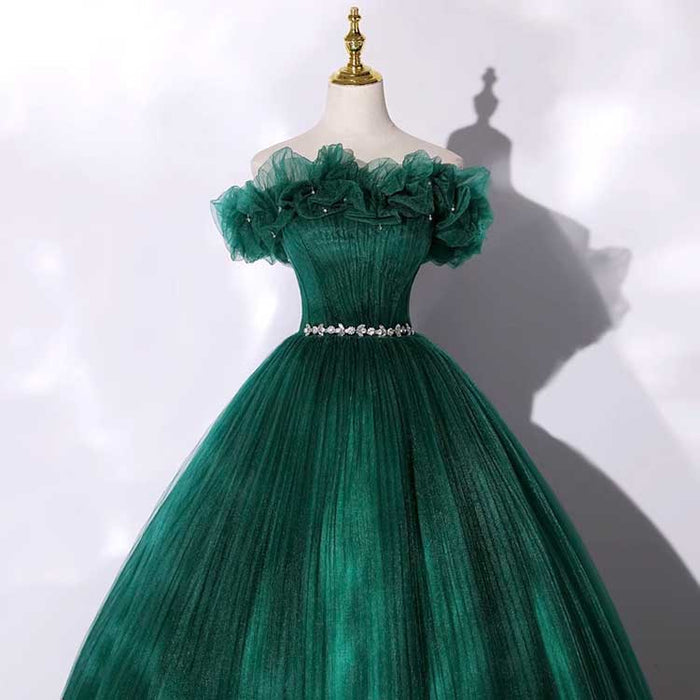 Custom Made Off-shoulder Emerald Green Gown With Flowy Skirt