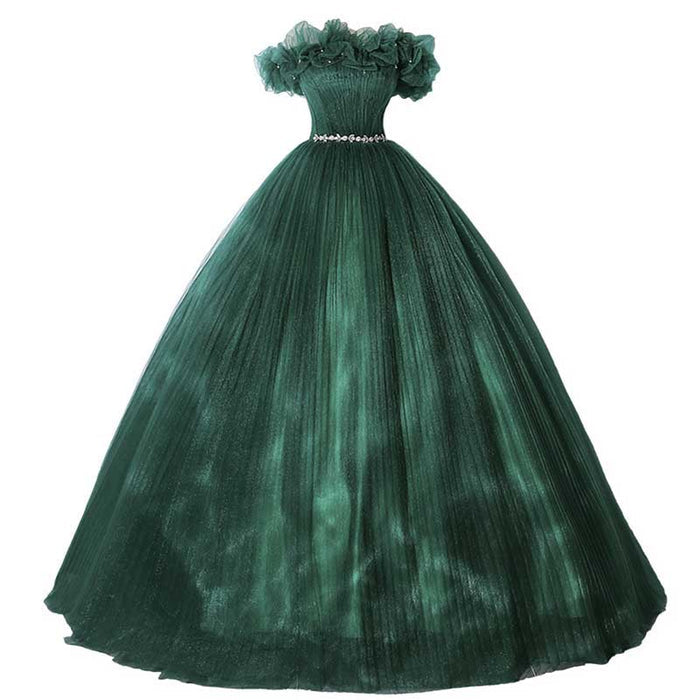 Custom Made Off-shoulder Emerald Green Gown With Flowy Skirt
