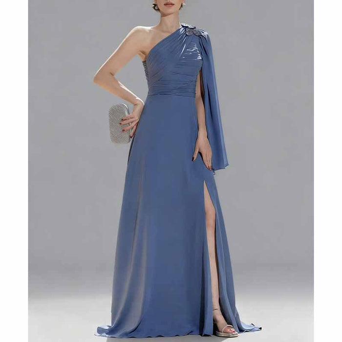 Custom One Shoulder Dusty Blue Long Bridesmaid & Prom Dress | Elegant A-Line Gown