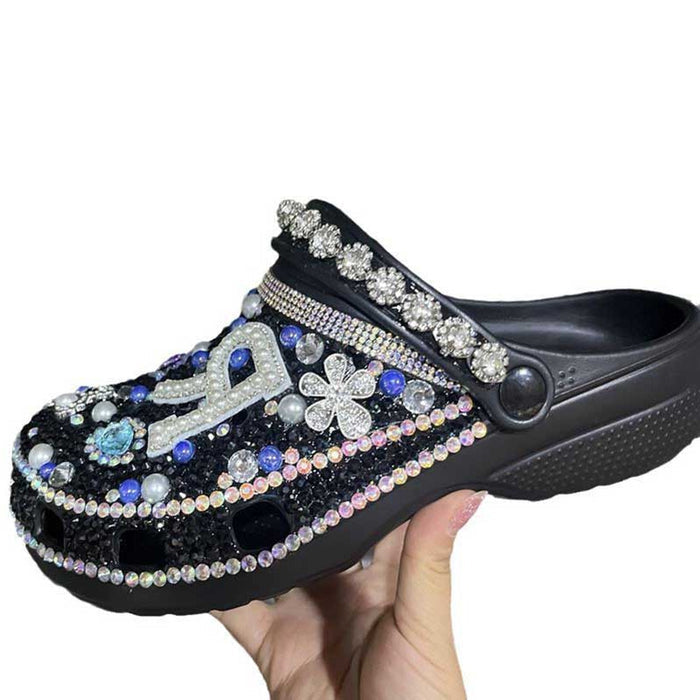 Custom Rhinestone Beads Clog Shoes Blinged Crocs Sandals Closed Toe Slip On Mules