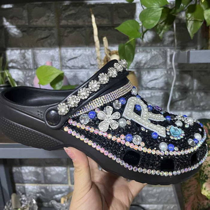Custom Rhinestone Beads Clog Shoes Blinged Crocs Sandals Closed Toe Slip On Mules