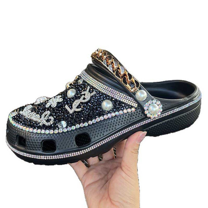 Custom Rhinestone Beads Clog Shoes Blinged Crocs Shoes Closed Toe Slip On Mules