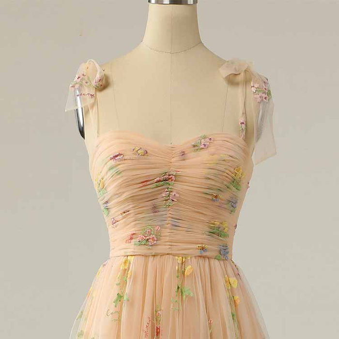 Cute A Line Spaghetti Straps Champagne Prom Dress with Embroidery
