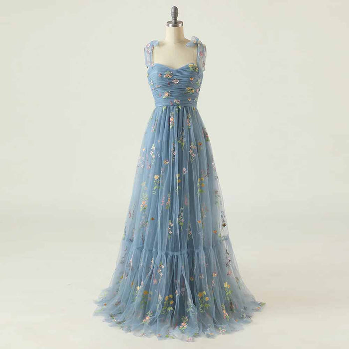 Cute A Line Spaghetti Straps Dusty Blue Prom Dress with Embroidery
