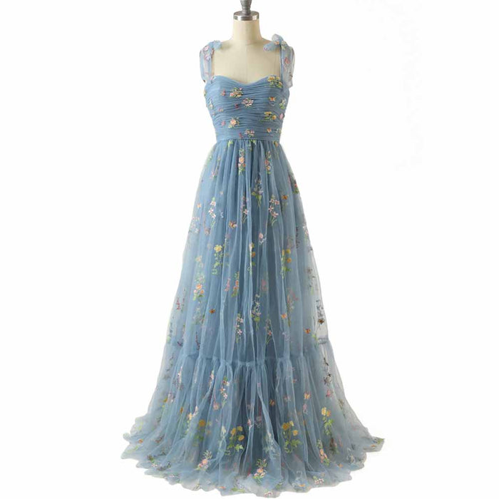 Cute A Line Spaghetti Straps Dusty Blue Prom Dress with Embroidery
