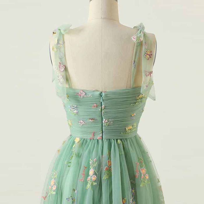 Cute A Line Spaghetti Straps Sage green Prom Dress with Embroidery