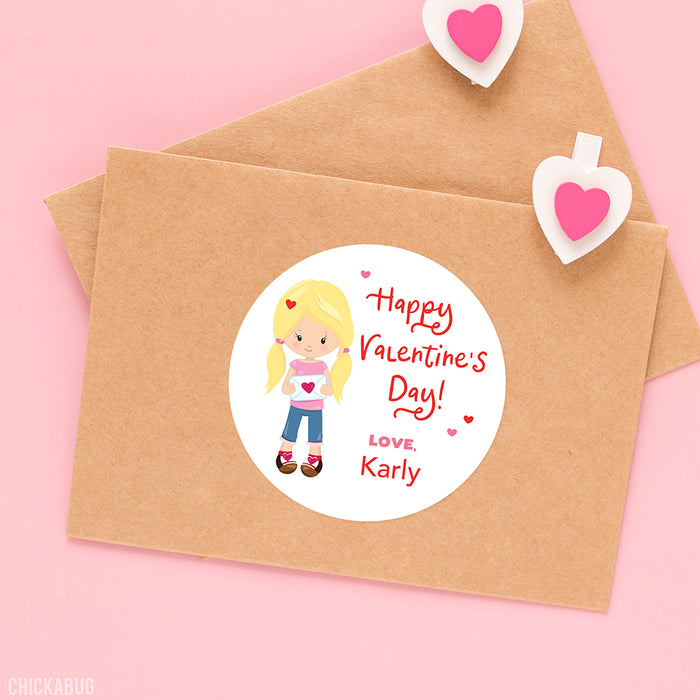 Cute Girl Valentine's Day Stickers - Blonde Pigtails