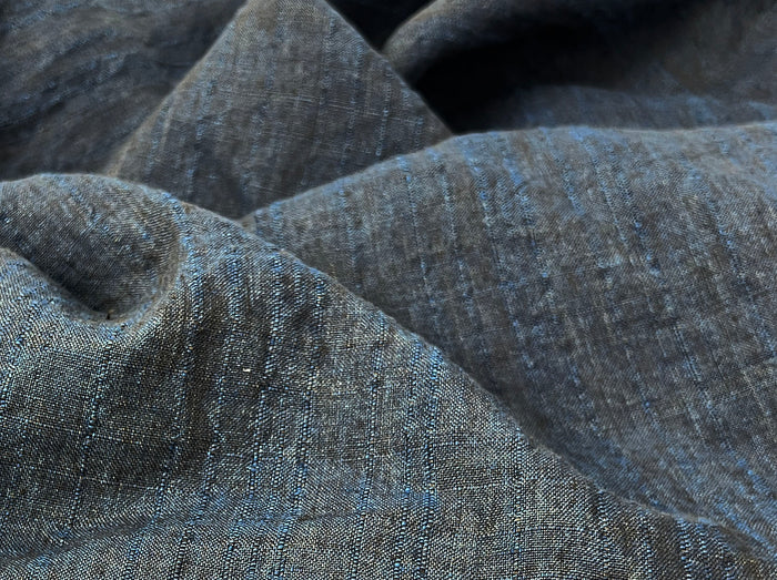 Dark Navy 100% Linen Fabric with Subtle Dobby Stripes 8255
