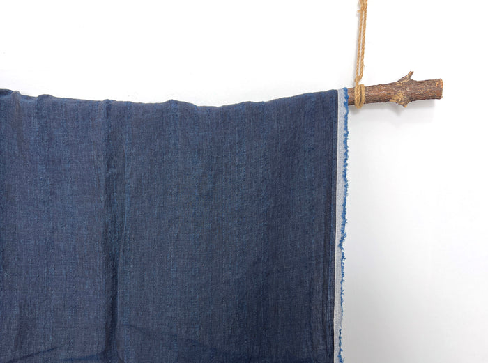Dark Navy 100% Linen Fabric with Subtle Dobby Stripes 8255