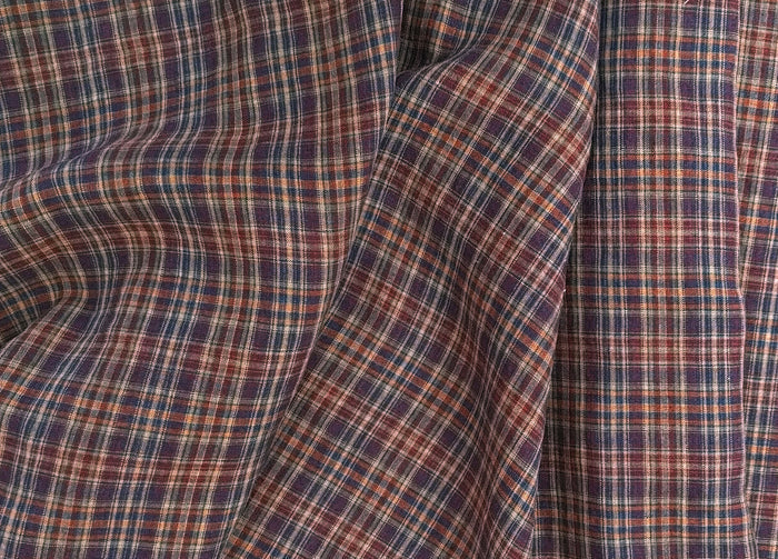 Deep Red Plaid Linen – 100% Linen Fabric, Medium Weight 7082