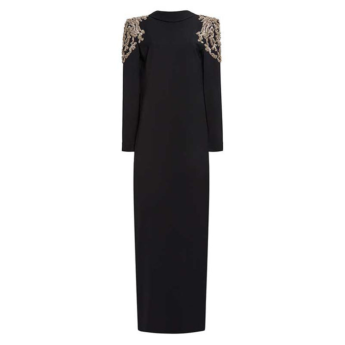 Deep-V Backless Long Evening Dress Black Crystal Beads Maxi Dress