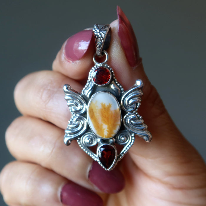 agate and garnet sterling silver pendant