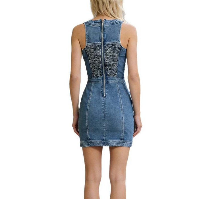 Denim Buttoned Lace-Up Mini Dress Blue