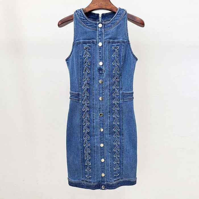Denim Buttoned Lace-Up Mini Dress Blue