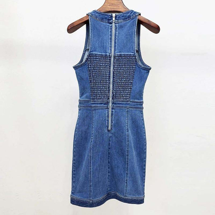 Denim Buttoned Lace-Up Mini Dress Blue