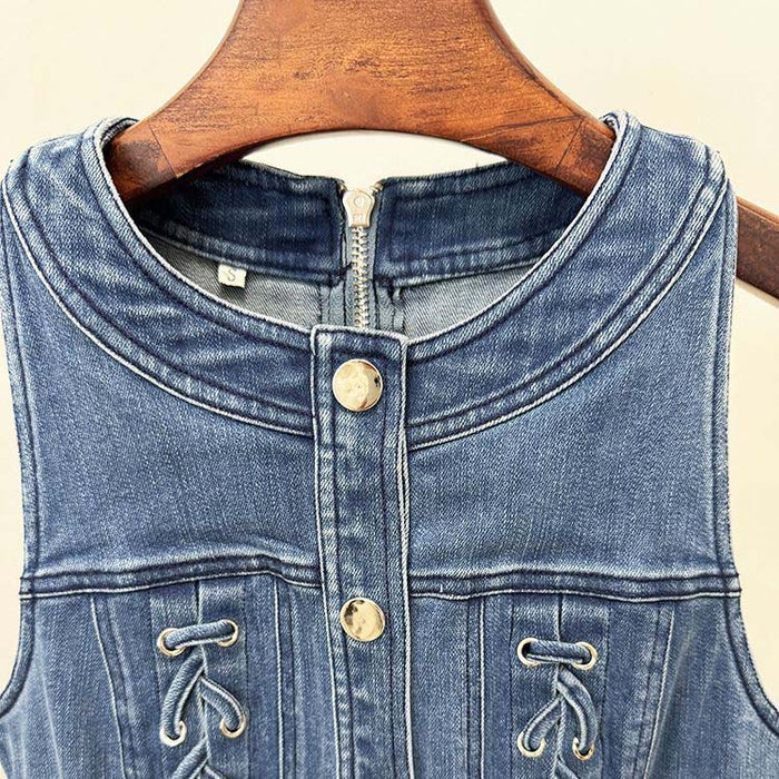 Denim Buttoned Lace-Up Mini Dress Blue
