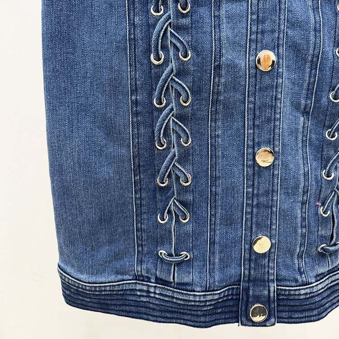 Denim Buttoned Lace-Up Mini Dress Blue