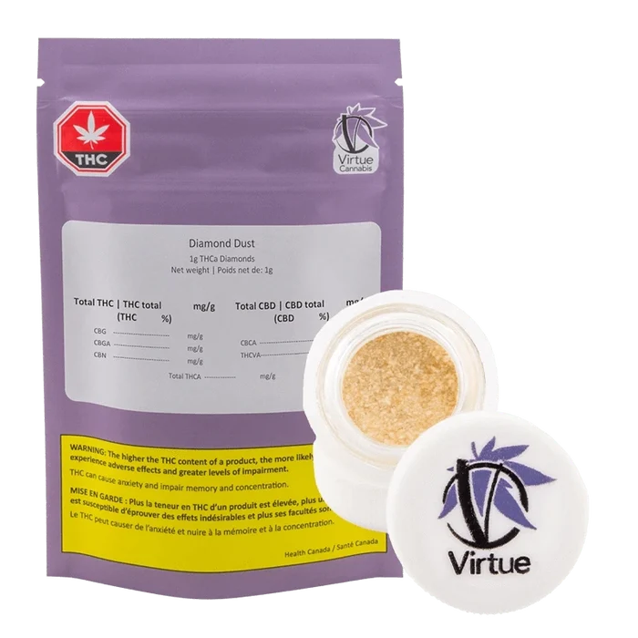 Front view of the "Diamonds" Virtue pouch and open white jar showing pale golden diamond dust against a white background.
