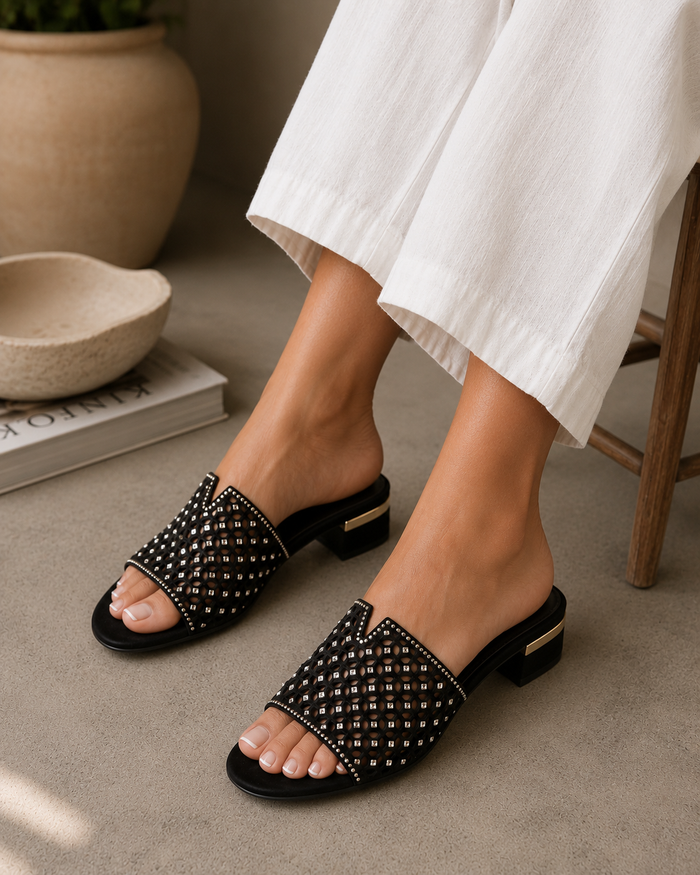 Django & Juliette Tropics Chocolate & Gold Diamanté Mule