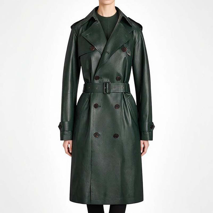 Double breasted faux leather trench coat in dark green with a stylish belt and classic design