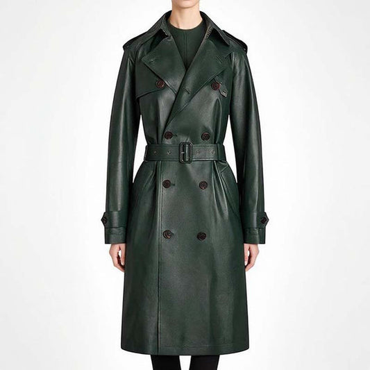 Double breasted faux leather trench coat in dark green with a stylish belt and classic design