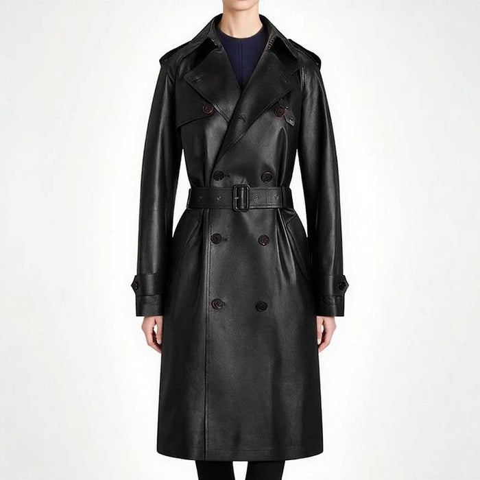 Stylish double breasted faux leather trench coat with belt and shoulder epaulets for a chic look