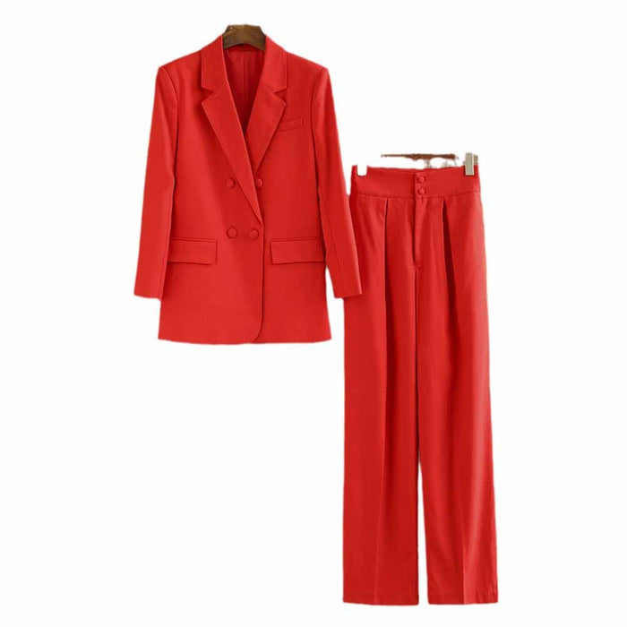 Double Breasted Red Pantsuit Blazer + Wide Leg Trousers Suit Formal Wear